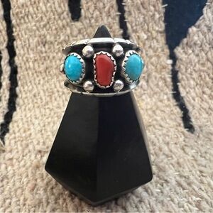 ❤️Signed Native Reed Charley Kingman Turquoise Red Coral 925 Navajo Ring Sz 7.25